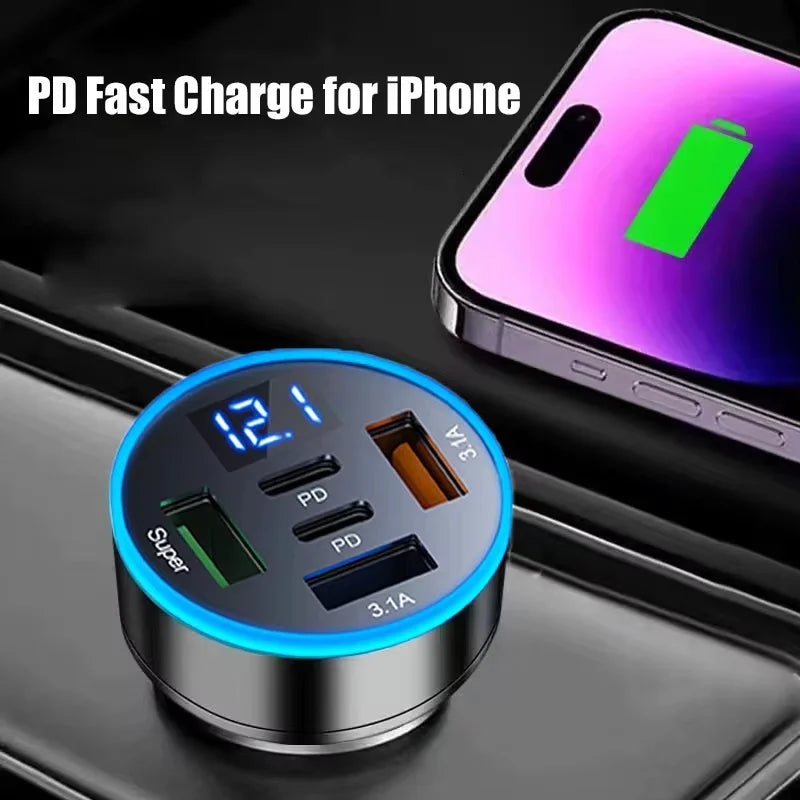 5 in 1 USB Car Phone Charger Adapter with Voltage Display Dual PD Port Super Fast Charge for iPhone Samsung Huawei OPPO