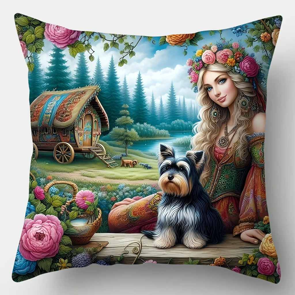 4-piece printed cushion cover set, featuring a floral maiden design with dogs and log cabins, suitable for living room sofa
