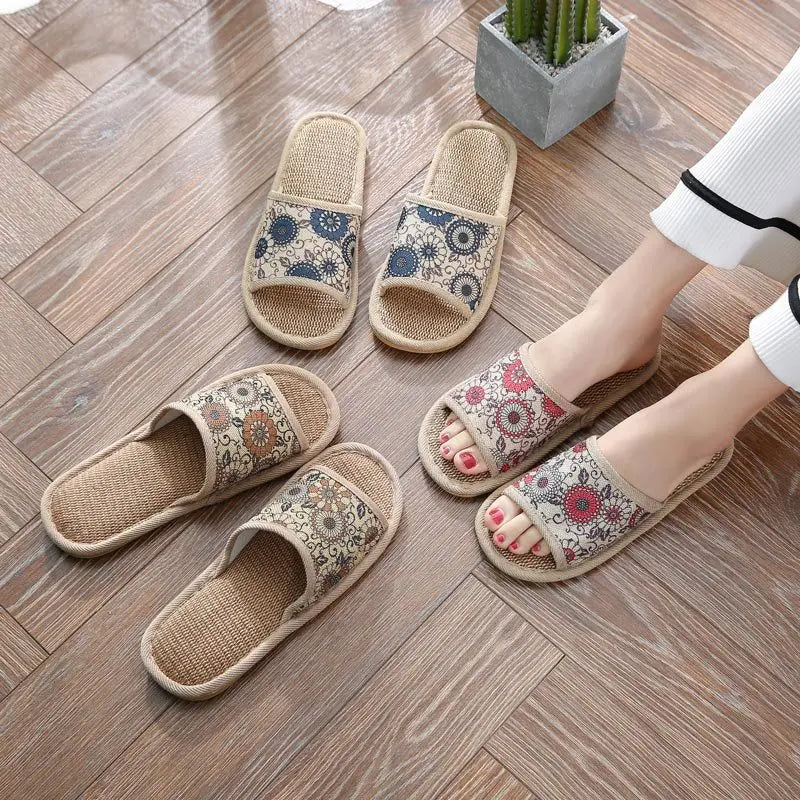 Autumn Winter Women Floor Slippers Retro Linen Open-toe EVA Thick Bottom Casual Sandals Indoor Home Couples Slippers Shoes