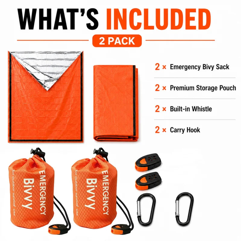 2 Pack Emergency Sleeping Bag, PE Aluminum Film Bivy Sack With Premium Pouch, Whistle & Carry Hook For Camping Hiking Car