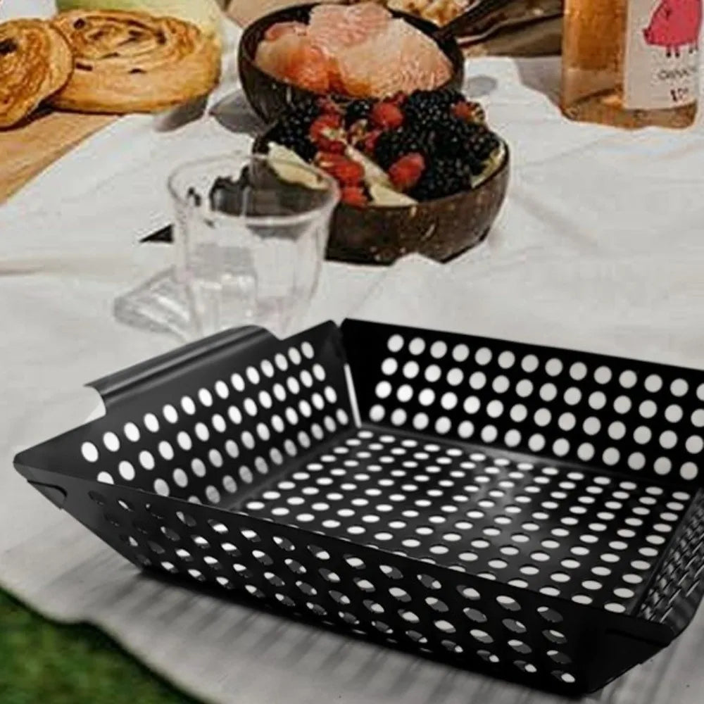 Grill Tool Heat Resistant Barbecue Grill Pan Non-Stick Coated with Drain Holes Grill Basket Cast Iron Square Grill Tray Picnic