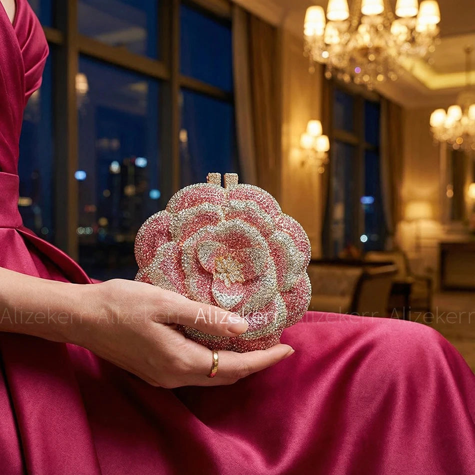 Alizekerr Rose Shaped Crystal Evening Bags Women Gorgeous Boutique Diamond Metal Clutch Purses And Handbags Bridal Wedding Party