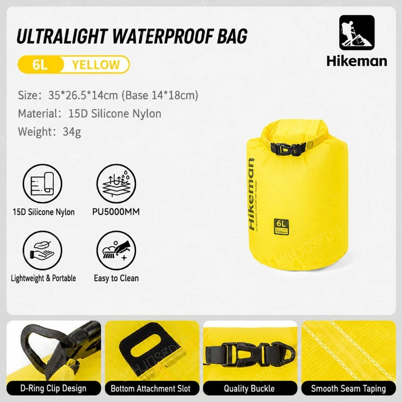 HIKEMAN Ultralight Waterproof Dry Bag Outdoor Storage Sack 15D Silicone Nylon 6L 10L 16L for Camping Hiking Travel and Swimming
