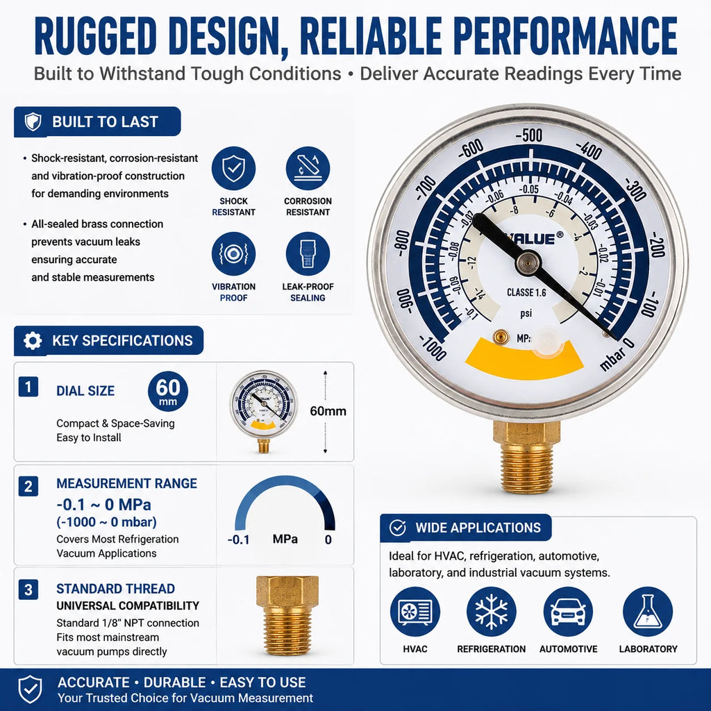 Accurate Vacuum Negative Pressure Gauge 0-14psi 60mm Dial Display G1/8 NPT1/8 Connector for Vacuum Pump AC Fridge Repair