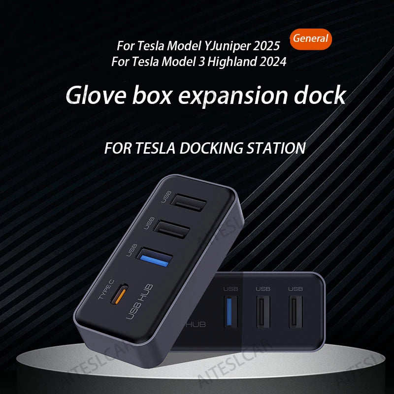 Docking Station USB Hub 4-in-1 for Tesla Model 3 Model Y Glovebox for Dashcam Flash Drive Charger Data Transfer Games Music