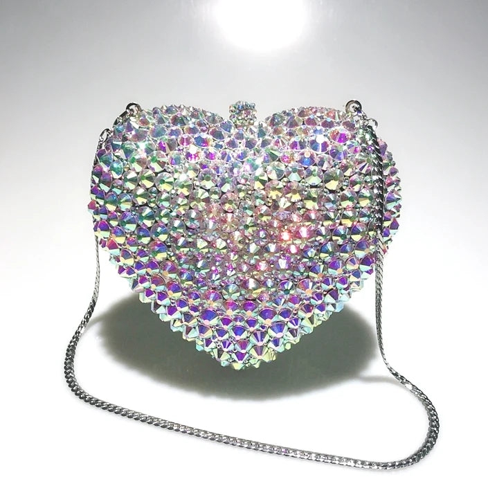 Factory Supply Love Heart Shape Handmade Diamond Chain Crystal Stone Wedding Dinner Portable Diamond Bag