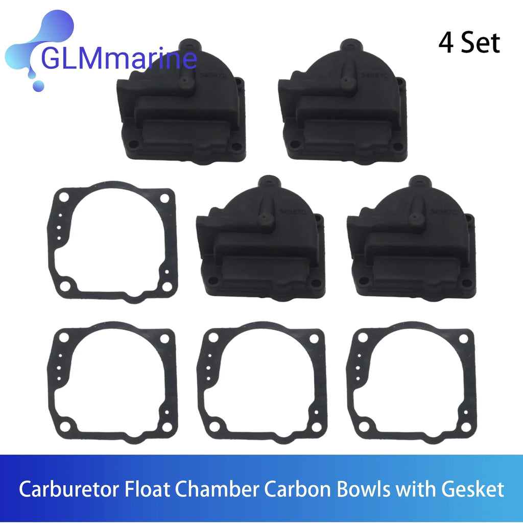 4 Set Carburetor Float Chamber Carbon Bowls with Gesket 0433000 for Evinrude Johnson 90 To 175 HP 60 Degree V4 V6 Motors 0335070