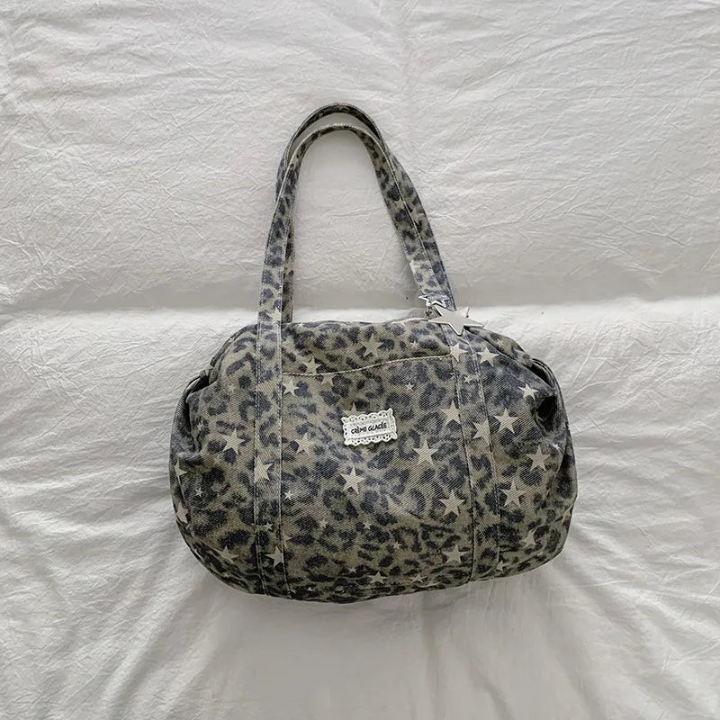New Fashion Fold Shoulder Bag Women Korean Style Large Capacity Canvas Leopard Print Tote Bag Stylish Relaxed Commuting Bag