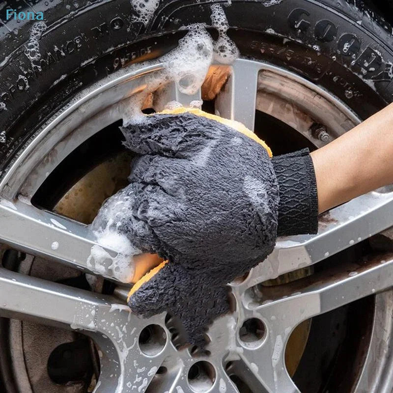 ♬5-Finger Car Washing Glove Double-Faced Coral Velvet Auto Cleaning Mitt Scratch-Free Ultra-Soft Car Detailing Wash Gloves