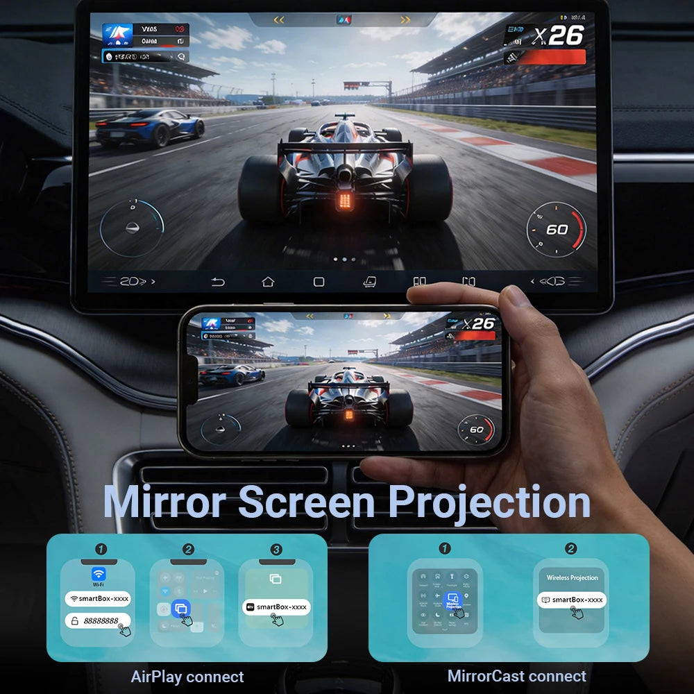 4in1 Wireless Adapter, Universal Mini CarPlay Android Auto Dongle with AirPlay MirrorCast Function for Car Entertainment