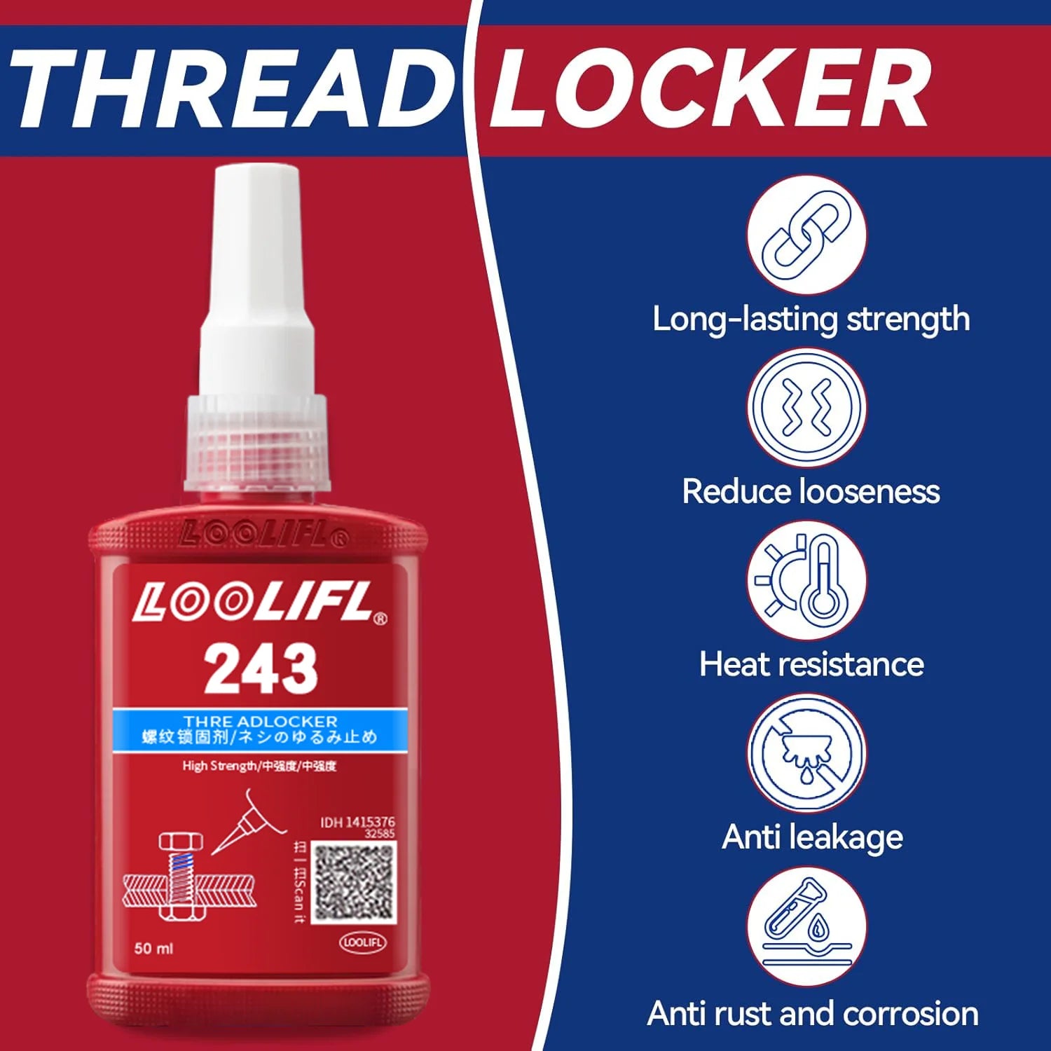 Medium strength blue screw glue, anti-vibration, high temperature and low temperature to prevent loosening and corrosion.