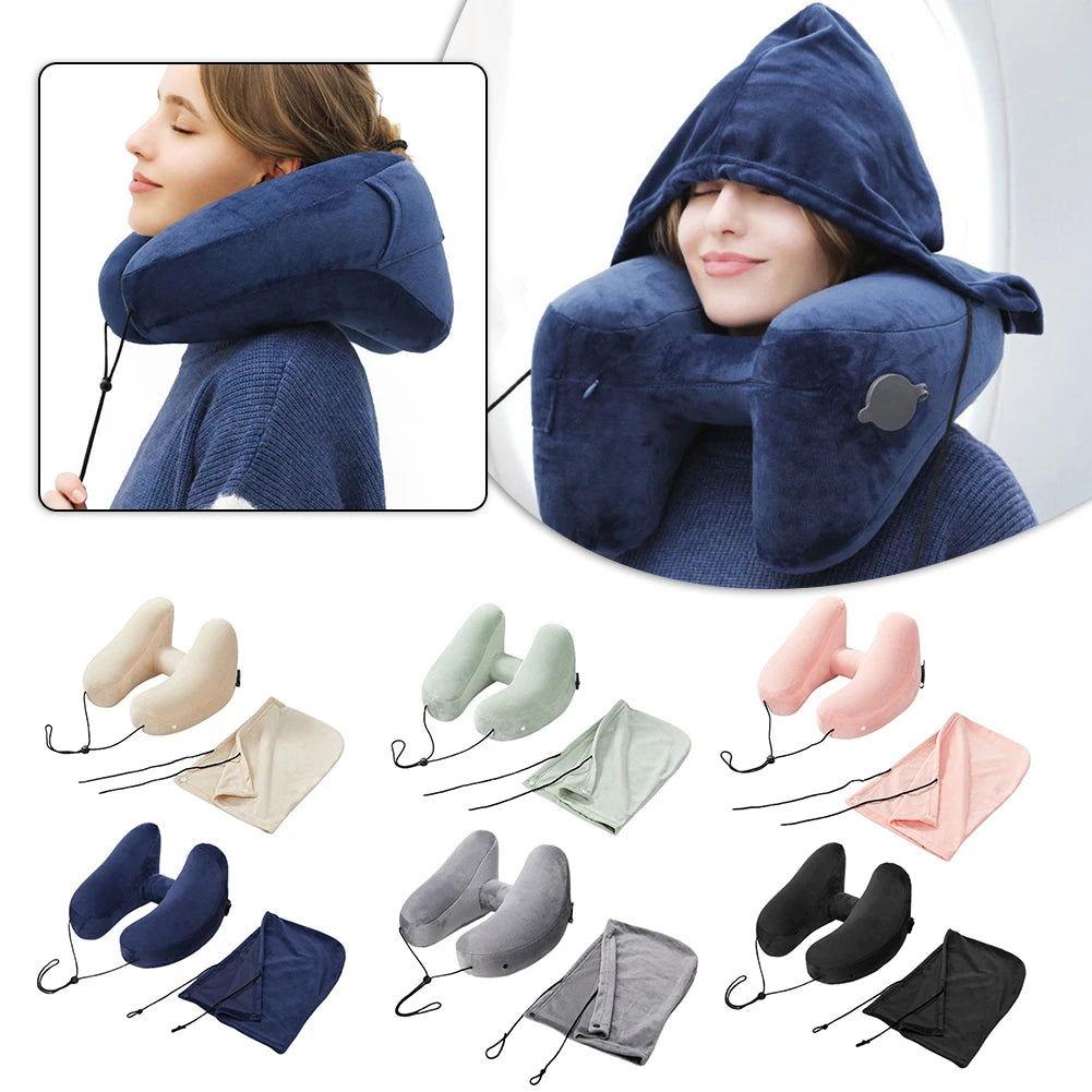 Inflatable Neck Pillow With Hat,U Shape Travel Neck Pillow,Comfort Support Inflatable Airplane Pillow,Airplane Neck Cushion