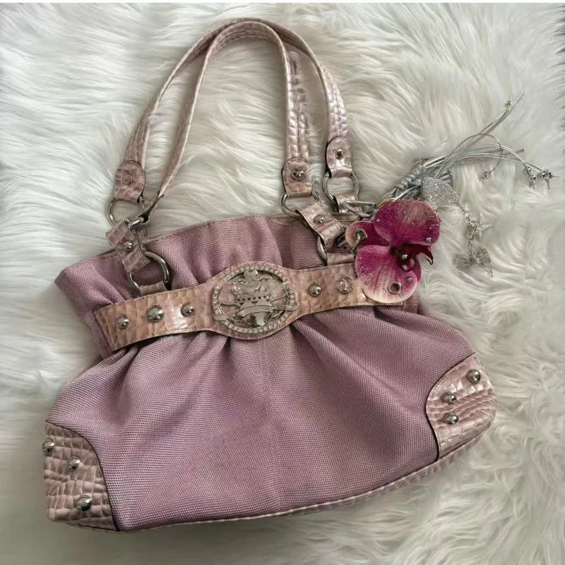 Retro Y2k Rivet Underarm Bag Women Brand Belt Buckle Shoulder Handbag Large Capacity Casual Commuter Tote Canvas Storage Bag