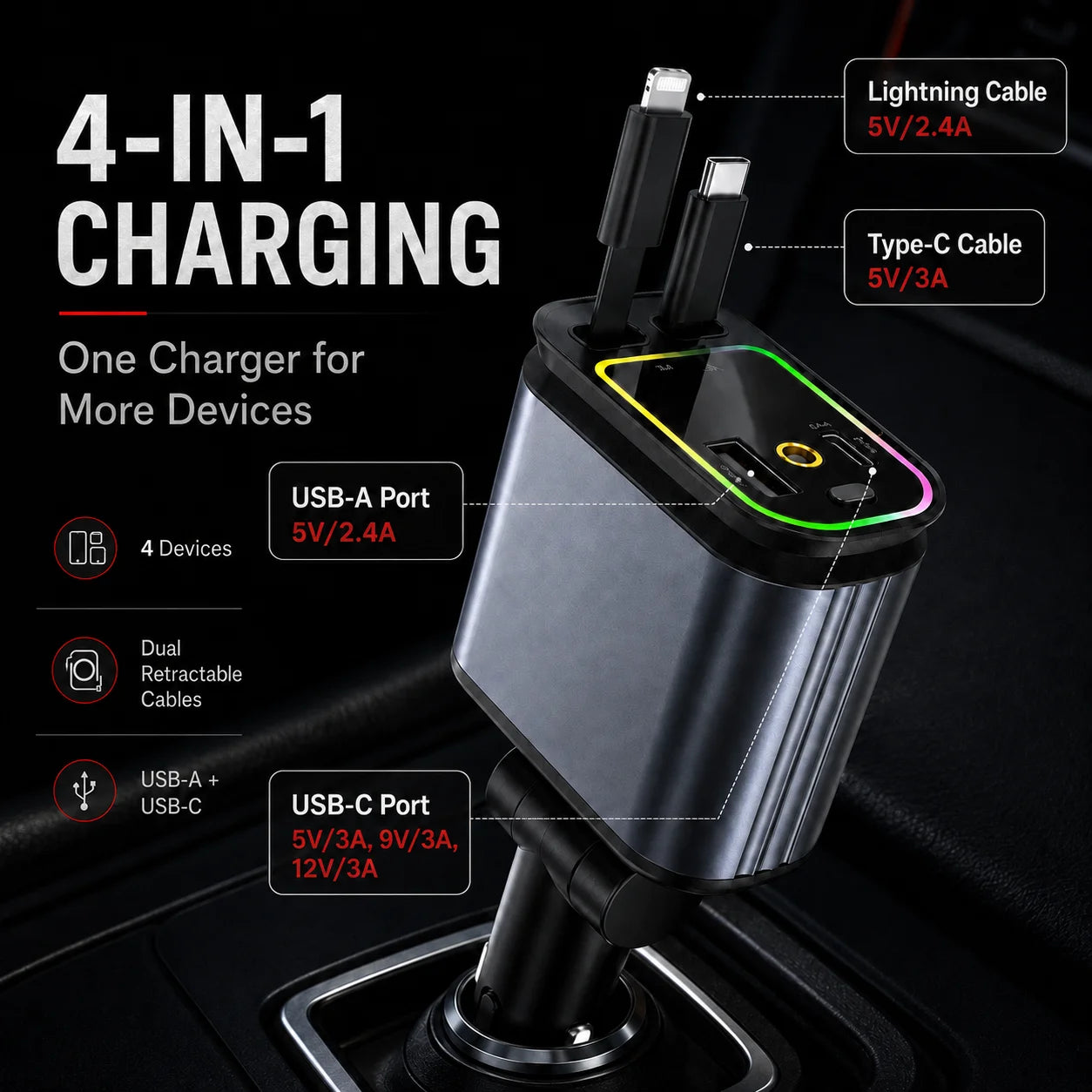 120W 4 in 1 Retractable Car Charger USB C Lightning Cable Starry Sky Ambient Light Fast Charging Adapter with USB-A USB-C Ports