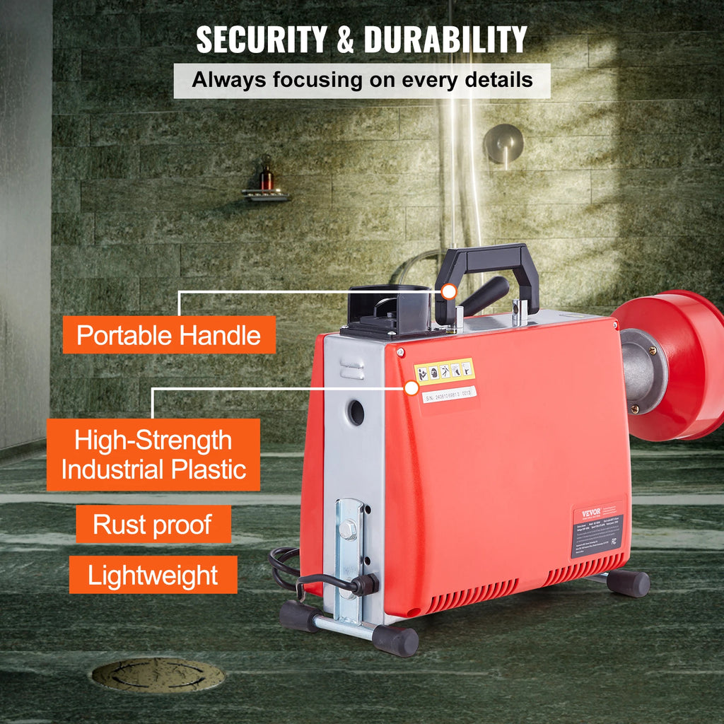 SucceBuy Drain Cleaner Machine 250W Electric Sewer Snake Auger Manual Feed with 7 Cutters 2 Steel Cables CW/CCW Control for Home