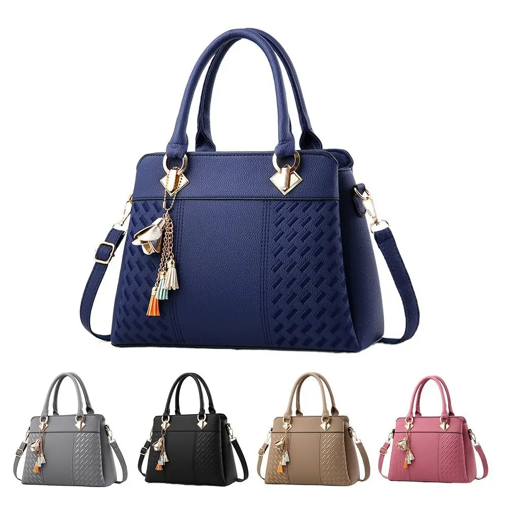 Casual PU Leather Shoulder Bags with Pendant Solid Color Ladies Handbags Large Capacity Embossed Crossbody Bag