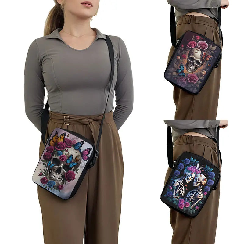 Skull Rose Butterfly Print Crossbody Bag Women Shoulder Bags for Travel Handbags Phone Holder Student Messenger Bags Gift