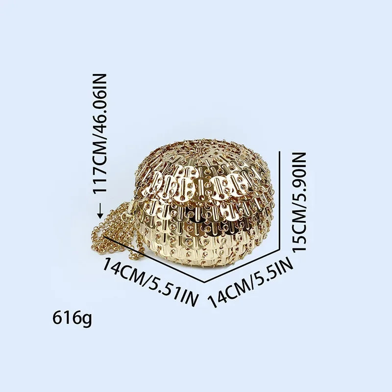 Luxury Design Gold Silver Metal Sequins Round Evening Bag Fashion Dress Party Wedding Clutch Bag Women's Hand Woven Circle Bag