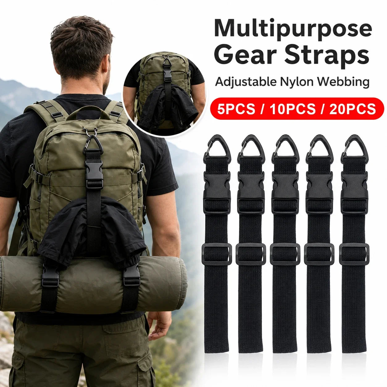 5/10/20Pcs Adjustable Luggage Strap Triangle Buckle Clip Strap Nylon Gear Packing Belt for Tent Camping Hiking Travel Storage