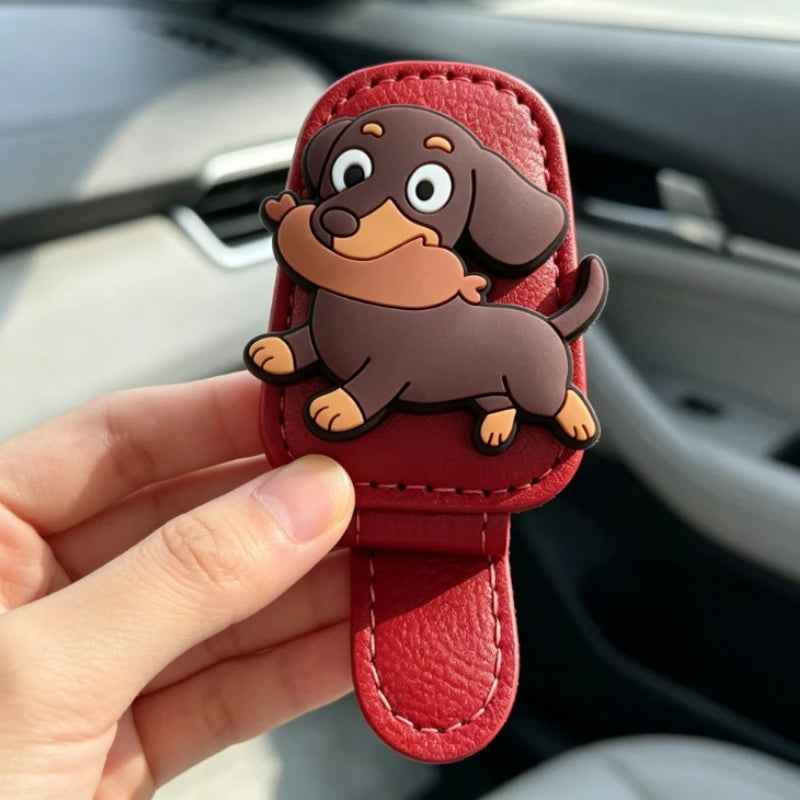 Cute Dachshund Dog Car Sun Visor Sunglasses Holder Multifunctional Ticket Card Clip Lovely Women Car Interior Decor Accessories