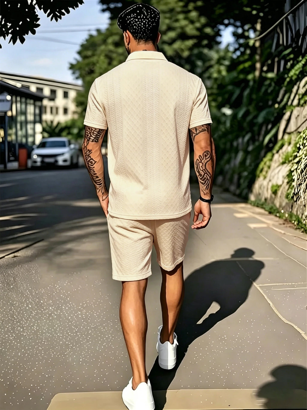 Men's Island Vacation Textured Lapel Polo Shirt & Shorts 2 Piece Set, 3D Jacquard Fabric, 2-Button Placket, Drawstring Waist for