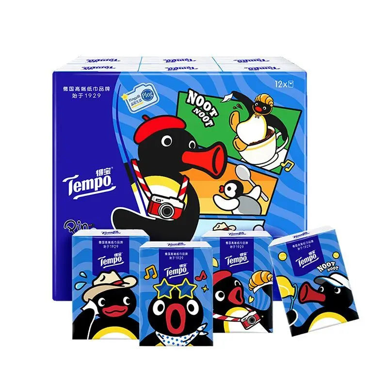 Tempo X Pingu Pocket Tissues, 4-ply Thick Soft Paper Handkerchiefs, 12-pack Portable Printed Facial Tissues For Daily Use