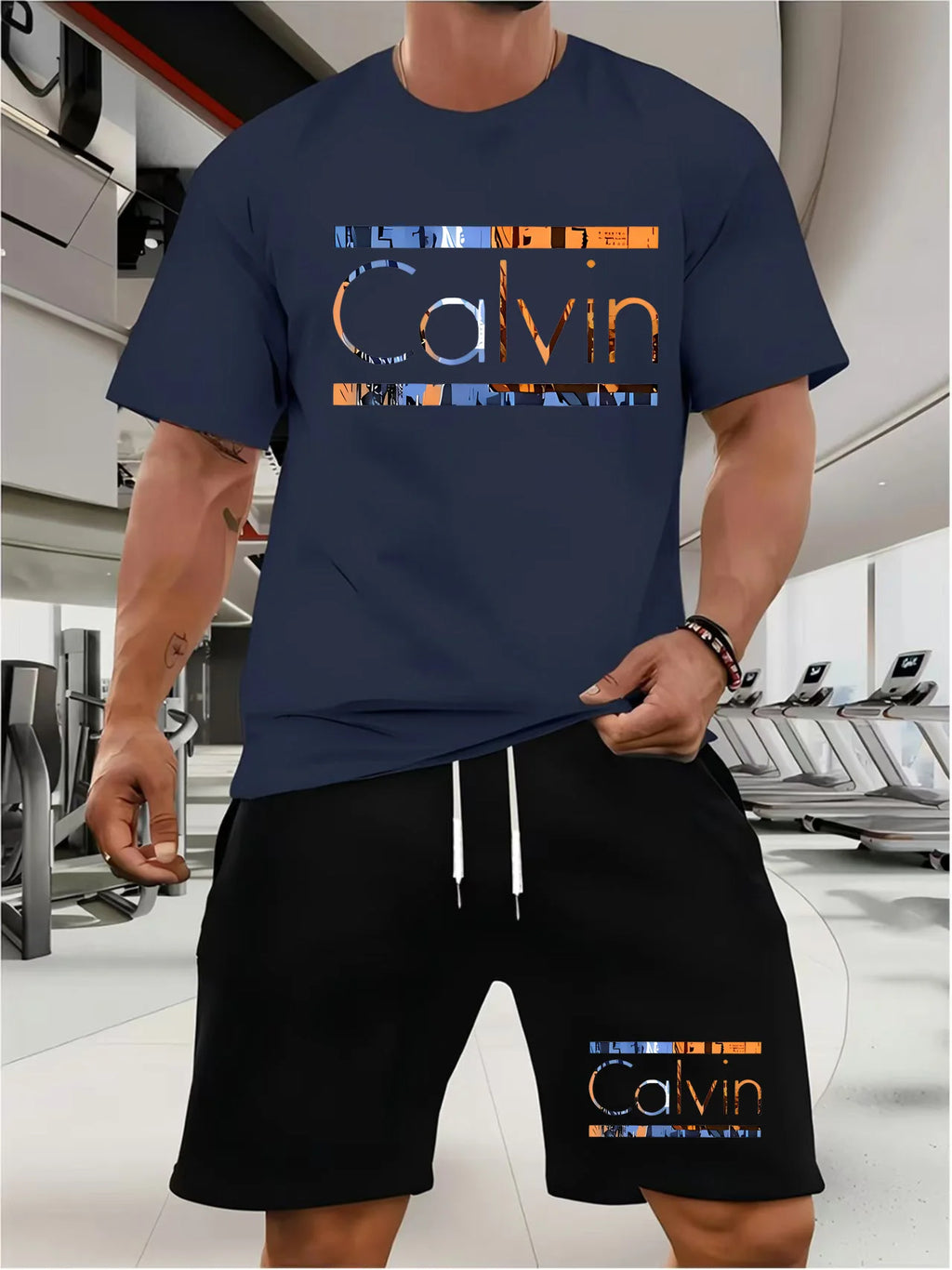 Men's T-shirt and shorts set summer casual loose and fashionable Calvin letter print comfortable round-neck short-sleeved T-shir