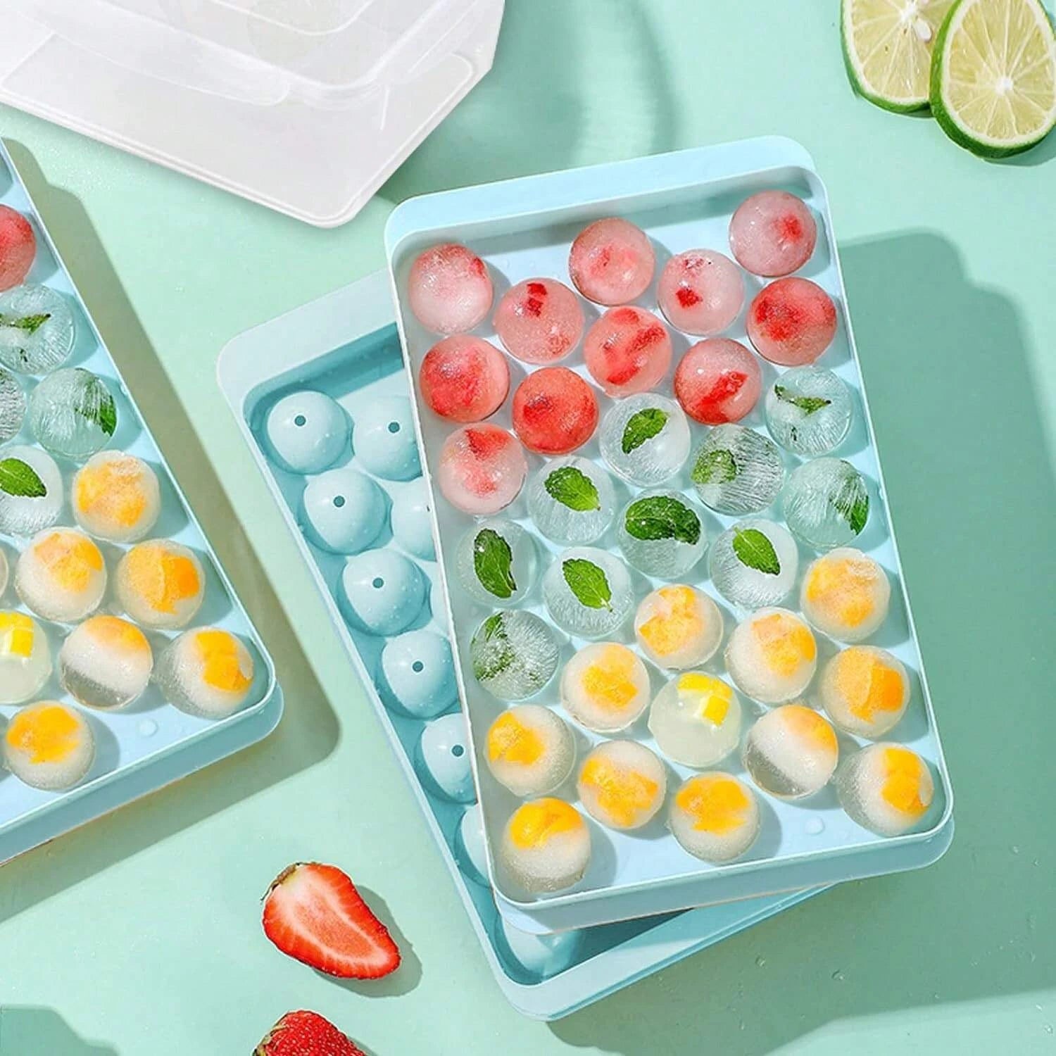 Round Ice Cube Tray Set 3 Trays 1 Ice Bin And Scoop Upgraded Ice Trays Circle Ice Cube Mold Tray for Cocktail Whiskey Coffee