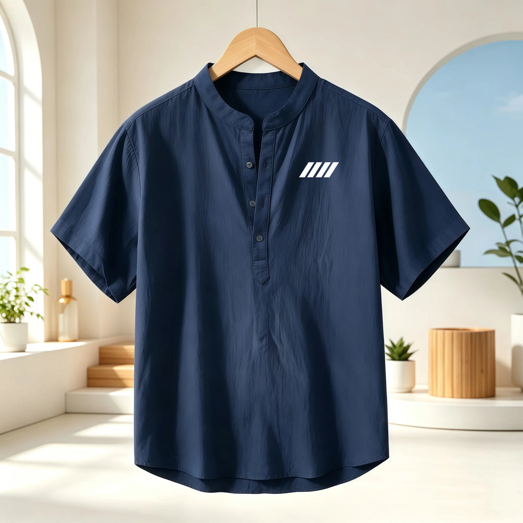 Men's cotton and linen Henry collar short sleeved shirt, geometric print breathable casual top, loose stand collar lightweight