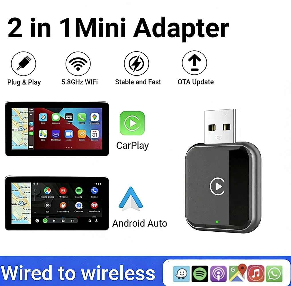 Wireless CarPlay Adapter for iPhone, Convert Wired to Wireless Apple CarPlay Adapter, Mini Size with Extension Cable USB & USB-C