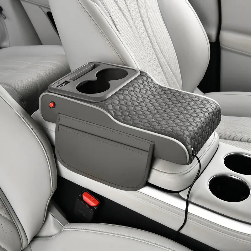 Multifunctional PU Leather Car Cup Holder Armrest Pad with Storage Pockets Soft Comfortable for Phone Charging and Support