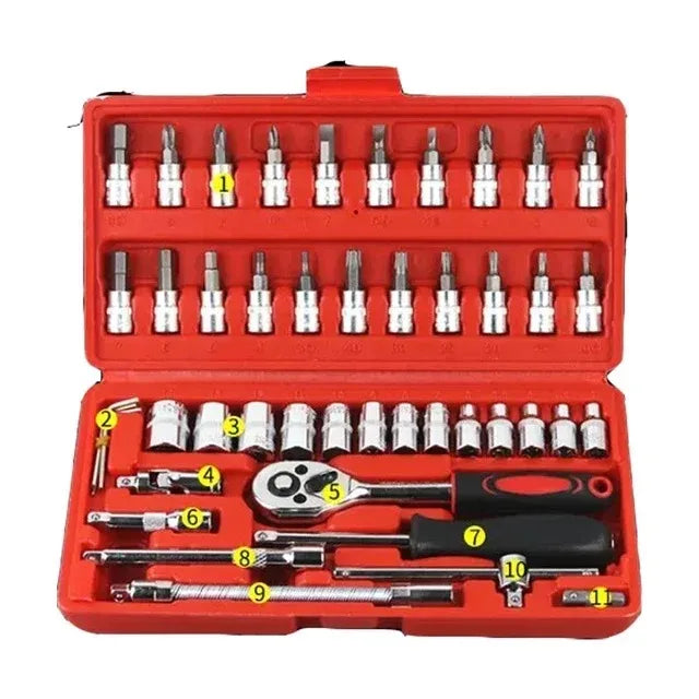 46Pcs Drive Socket Set 1/4 inch Ratchet Wrench Set Sockets Metric Hex Bit Socket Set Mechanic Tool Kit for Auto Repair Hous