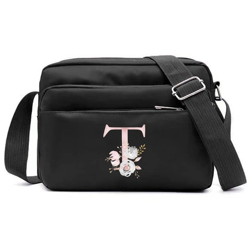 New Simple Black Storage Bag Multi-layer Travel Leisure One Shoulder Crossbody Bag Pink Flower Letter Series Printing Pattern