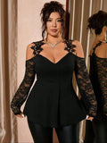 Women's Solid Black Elegant Cold Shoulder Top, Rose Lace Shoulder Details Sheer Long Sleeves Waist-tucked Peplum Flattering Plus
