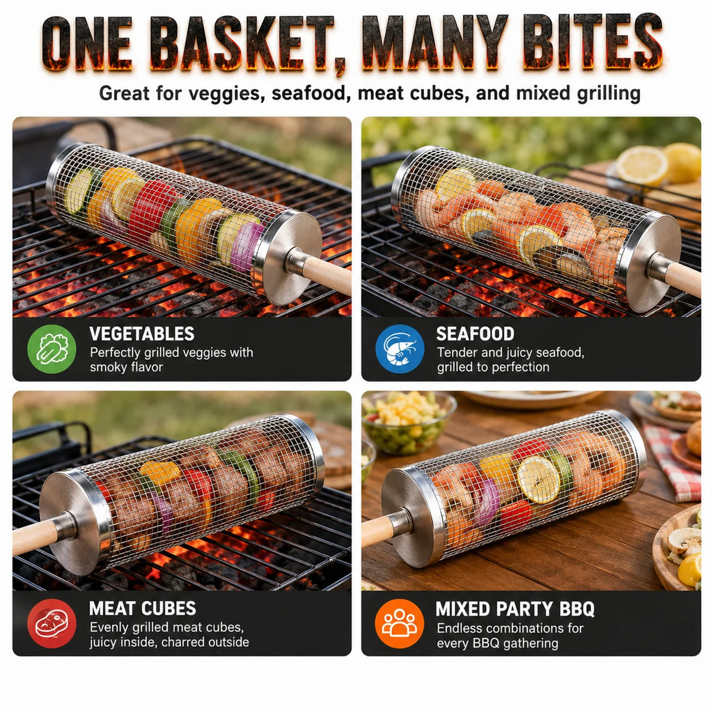 Uwhise Rolling BBQ Grill Basket Stainless Steel Cylinder Grill Tube For Outdoor Camping Veggie Meat Mesh Tools Detachable Handle