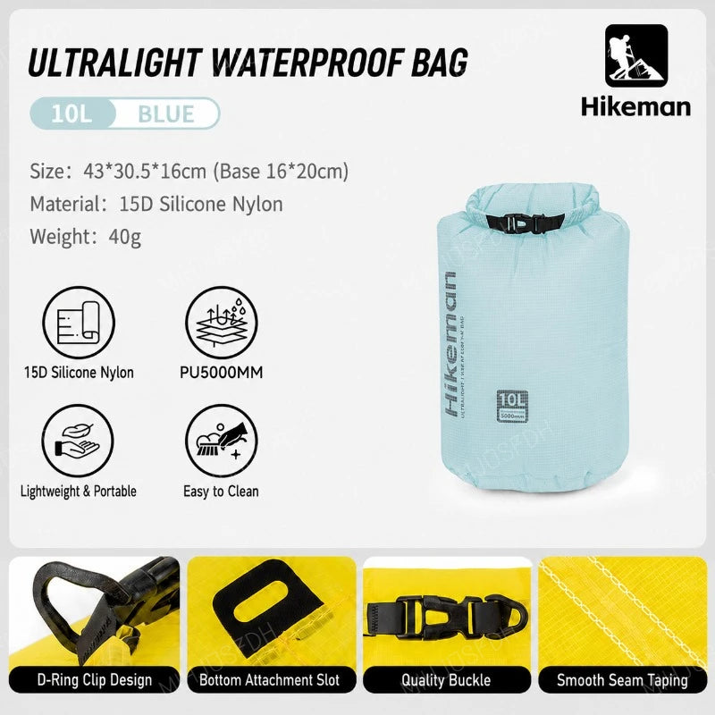 HIKEMAN Ultralight Waterproof Dry Bag Outdoor Storage Sack 15D Silicone Nylon 6L 10L 16L for Camping Hiking Travel and Swimming