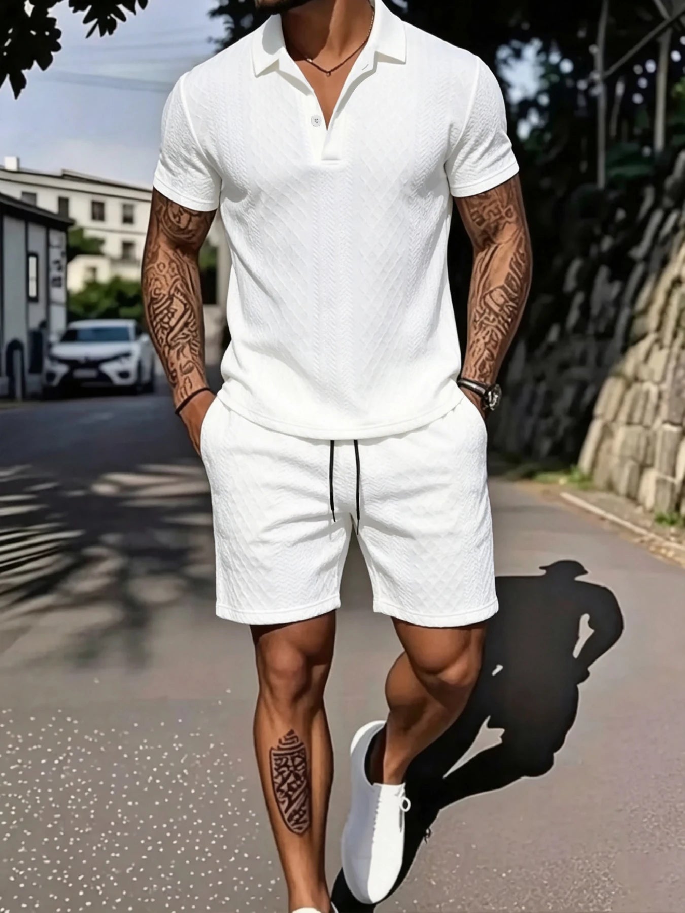 Men's Island Vacation Textured Lapel Polo Shirt & Shorts 2 Piece Set, 3D Jacquard Fabric, 2-Button Placket, Drawstring Waist for