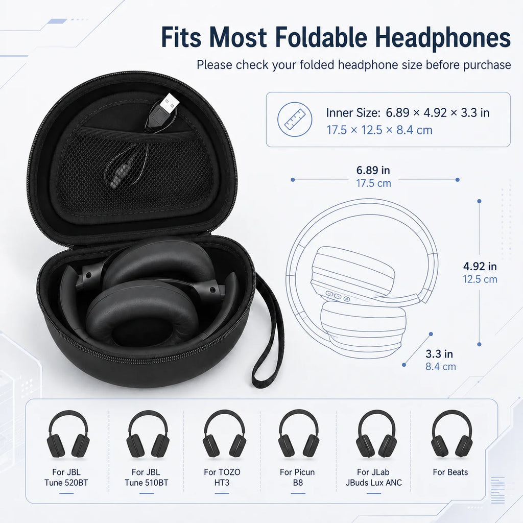 Hard Headphone Case For JBL Tune 520BT 510BT Compatible With TOZO HT3 Picun B8 JLab JBuds Lux ANC Beats Foldable Travel Bag Only