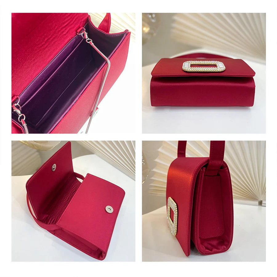Luxury Diamond Square Button Women's Evening Bag Party Clutch Purses Satin Rhinestone Small Square Bag Chains Shoulder Bag Bolsa