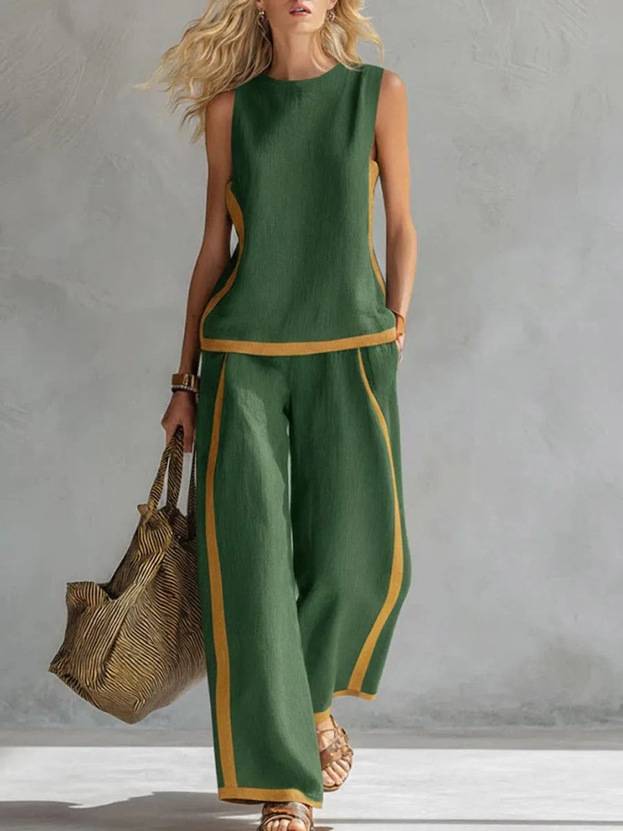 Simple Stripe Print Women's Suits Summer Fashion Sleeveless Loose Blouse Wide Leg Pants Two Piece Set For Women Casual Outfits