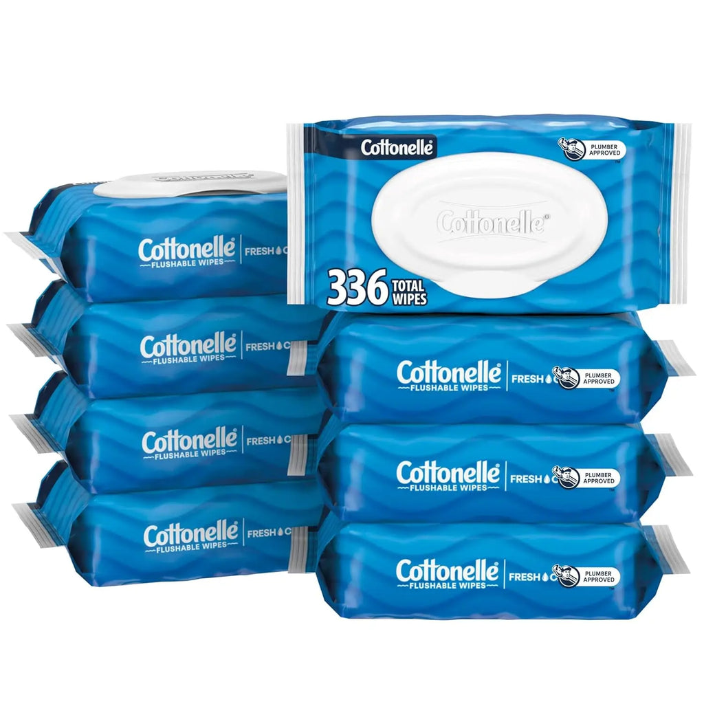 Flushable Wet Wipes for Adults, 336 Count (42 per Pack, 8 Packs), Gentle & Effective Clean
