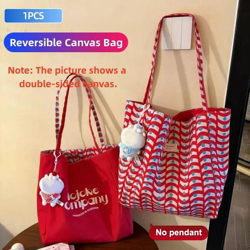 1PCS Korean Style Reversible Canvas Tote Bag Large Capacity Casual Shoulder Bags For Women Student Work Gift Shopping Bags