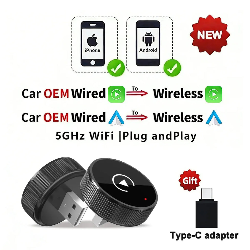 2 in 1 Wireless CarPlay Android Auto Adapter Smart USB Auto Connect Plug & Play for iPhone and Android Factory Wired Cars