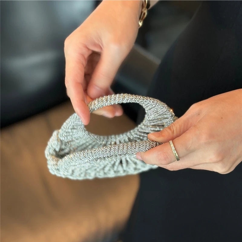 Shiny Clutch Evening Bag Female 2026 Trend Handwoven Silver Rayon Circular Handbag New Elegant Luxury Wedding Party Banquet Bag