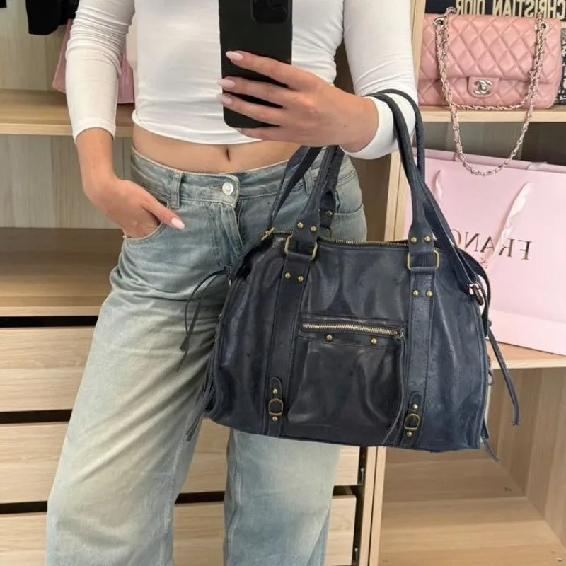 2026 New Vintage Motorcycle Tote Bag Large Capacity Women Handbag Y2K Streetwear Shoulder Bag for Ladies