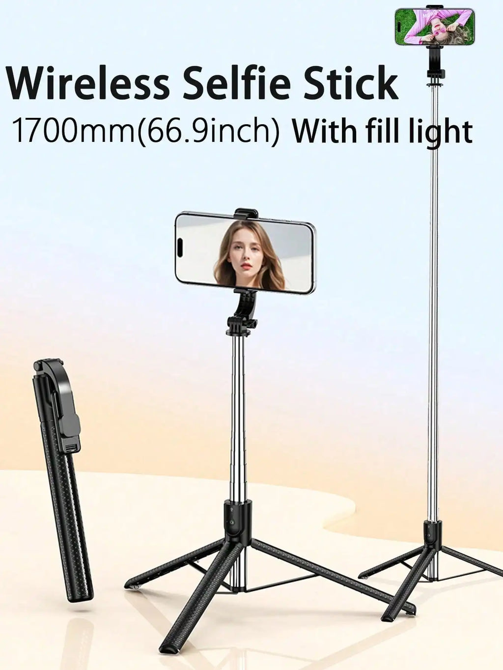 1.7M/66.9In Selfie Stick Tripod with Fill Light, Wireless Bluetooth Remote Control Aluminum Alloy Phone Stand, Foldable Portable Cell Phone Holder for Live Streaming Travel Group Photos