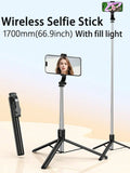 1.7M/66.9In Selfie Stick Tripod with Fill Light, Wireless Bluetooth Remote Control Aluminum Alloy Phone Stand, Foldable Portable Cell Phone Holder for Live Streaming Travel Group Photos