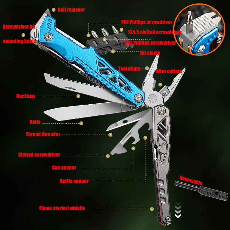 Outdoor Multifunctional Folding Pliers Portable Multi-purpose Sharp-nosed  Vise Pliers Nail Hammer Knife Pliers Emergency Tools