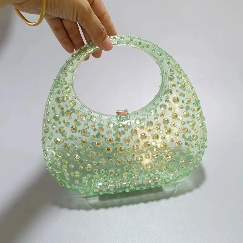 Diamond Women Bags Luxury Designer Handbags Rhinestones Box Transparent Acrylic Clutch Dresses Crescent Shoulder Crossbody Bag