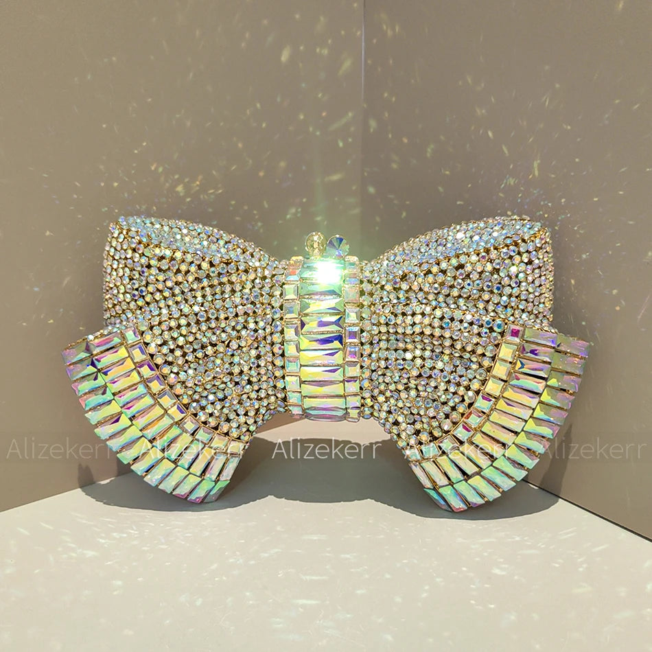 Alizekerr Bow Crystal Evening Bags Women Luxury Designer Boutique Metallic Rhinestone Clutch Purses And Handbags Wedding Party